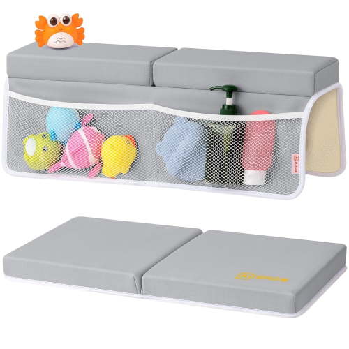 ACGROW Bath Kneeler and Elbow Rest Pad Set - 1.5" Thick Baby Bath Kneeler Pads with Toys Organizer, Anti-Slip Cozy Knee & Arm Support Bathtub Mat, Quick Dry Kneeling Pad for Baby Bath Time Gray