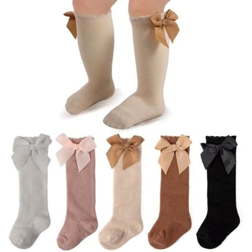 5 pairs of baby girl knee high socks - soft newborn stockings with bows, anti-slip baby socks 0-6M/6-12M/1-3Y