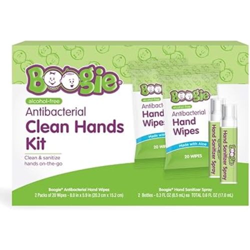 Boogie Hand Sanitizing Kit, Antibacterial Hand Wipes and Hand Spray, Alcohol Free, Hypoallergenic and Moisturizing Aloe, 20 Count Wipes (Pack of 2) and 0.3 Ounce Spray (Pack of 2)