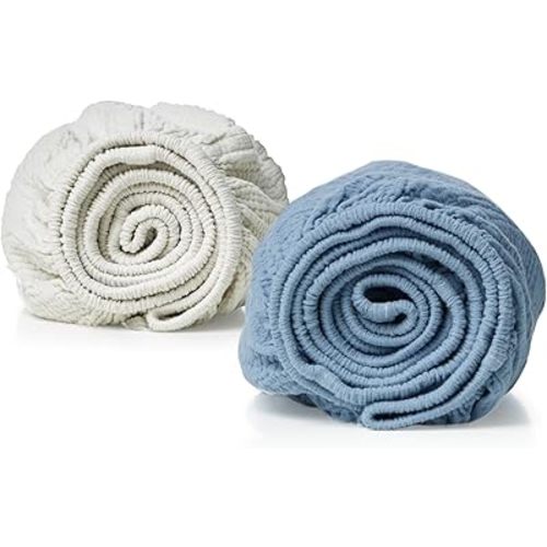 Momcozy Muslin Fitted Bassinet Sheet, 2 Pack Soft Breathable Natural Cotton 32"x16" Baby Cradle Mattress Sheet, 360° Mattress Wrapping No Slip Boys Girls Neutral Bed Sheet, Small, Blue & Grey