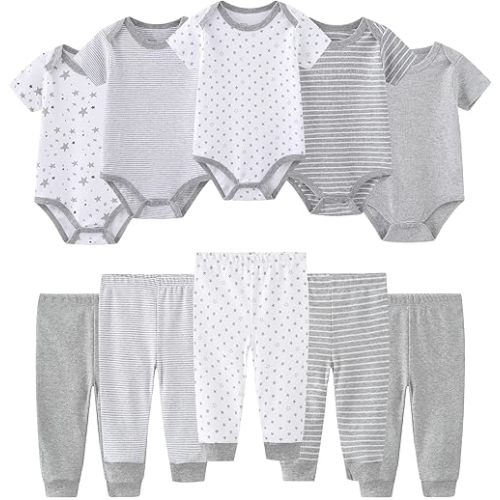 6-9Months Baby Bodysuit and Pant Set 10-pcs Cotton Soft Newborn Boy Girl Clothes Outfits