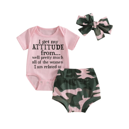 Mevireiy Baby Girls Summer Outfits Letter Print Romper Tops Camouflage Elastic Shorts,Pink,0-3 Months