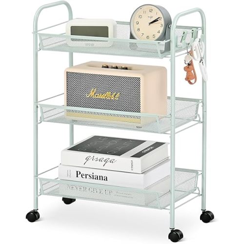 TOOLF Metal Rolling Cart, 3-Tier Mesh Wire Easy Assemble Utility Cart, Storage Trolley on Wheels with 3 Hooks, Storage Shelving Units for Kitchen Bathroom Laundry Room