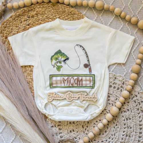 Fishing Nameplate Boy Bubble Romper Bodysuit, Oversized Personalized Baggy Romper, Farm Kids Name Shirt, Fishing Boys Tee, CPSC Compliant