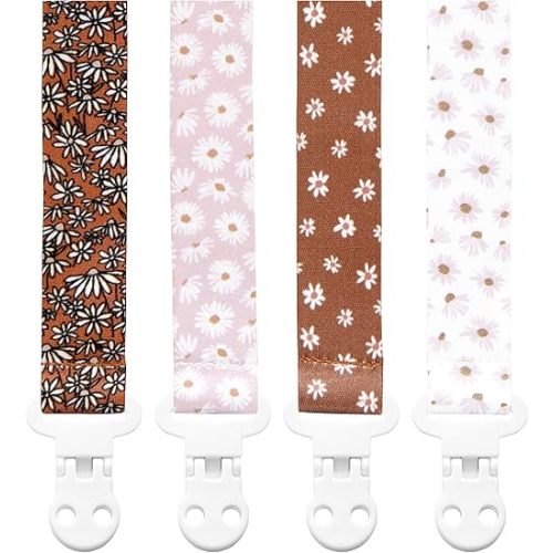 Baby Pacifier Clip Holder - Girl 4 Pack Gift Set – Boho Modern Neutral Flowers Floral (Daisy)