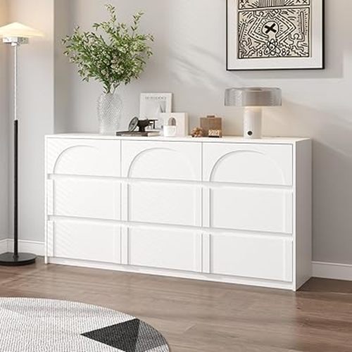 9 Drawer Dresser Chest of Drawers, Modern White Dresser for Bedroom, 63” Wide Drawer Chest, No Handles, Arch-Shape Pattern, 9 Drawer Cabinet, 13.8”D x 63”W x 31.5”H