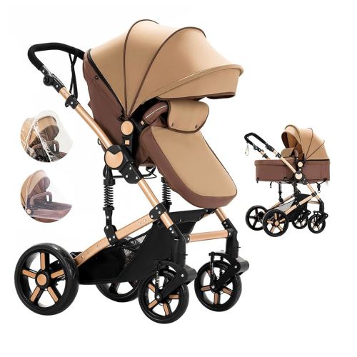 2 in 1 Baby Stroller, One Click Folding Convertible Newborn Infant parm, Reclining Buggy That can be Pushed Forward and Backward, New Born Pushchair 0-36 Month (2US588-KHAKI)