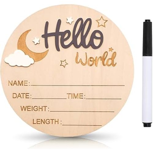 Baby Announcement Sign, 5.9 Inch Wooden Hello World Newborn Signs, Birth Announcement Sign and Pen, Moon and White Cloud Decoration, Welcome Newborn Arrival to World, Hospital Nursery for baby (Brown)