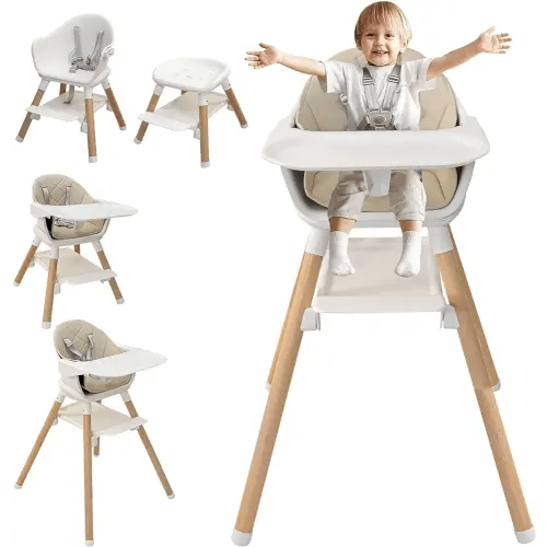 6-in-1 Wooden High Chair, High Chairs for Babies and Toddlers, Baby Highchairs with Adjustable Legs & Dishwasher Safe Tray,5-Point Harness, PU Cushion and Footrest for Baby, Girl, Toddlers