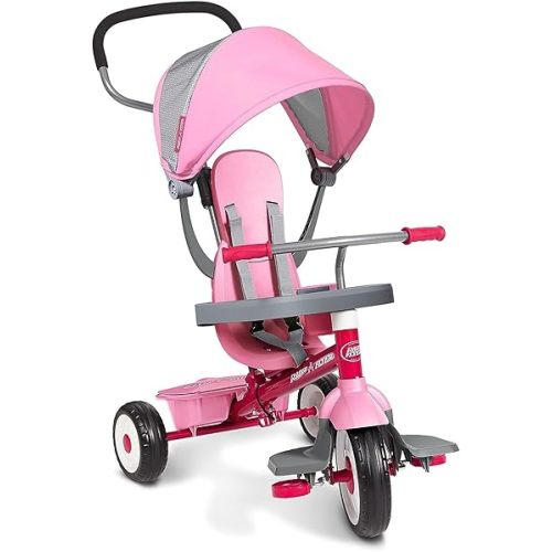 Radio Flyer Toddler Tricycle Bike and Stroller with Adjustable Seat, for 9 Months to 5 Years Old, Pink - Compact and Lightweight Pram Trike for Toddlers