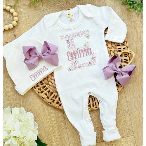 Personalized Baby Girl Outfit Newborn Coming Home Outfit with Name Monogram Baby Gift Floral Initial Footie & Hat Set Embroidered Baby Girl