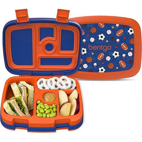 Bentgo Kids Prints Leak-Proof, 5-Compartment Bento-Style Kids Lunch Box - Ideal Portion Sizes for Ages 3-7, Durable, Drop-Proof, Dishwasher Safe, & Made with BPA-Free Materials (Sports)