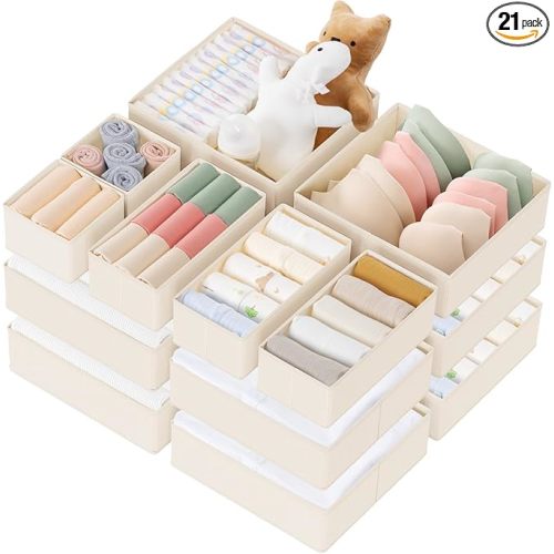 Criusia Drawer Organizer Clothes, 21 Pack Dresser Organizer for Baby Clothes, Underwear, Sock - Foldable Closet Organization and Storage Dividers Bins for Nursery, Bedroom (Beige)