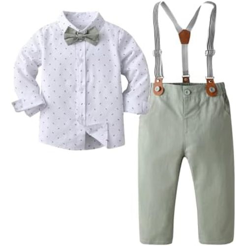 Boarnseorl Baby Boys Pants Sets,Toddler Gentleman Outfits, Infant Long Sleeve Shirt + Pants + Bow Tie + Suspenders