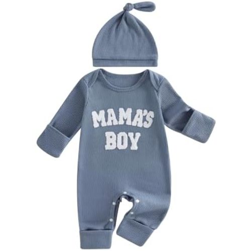 Sejardin Newborn Infant Baby Boy Fall Clothes Waffle Romper Letter Embroidery Long Sleeve Crew Neck Jumpsuit with Hat