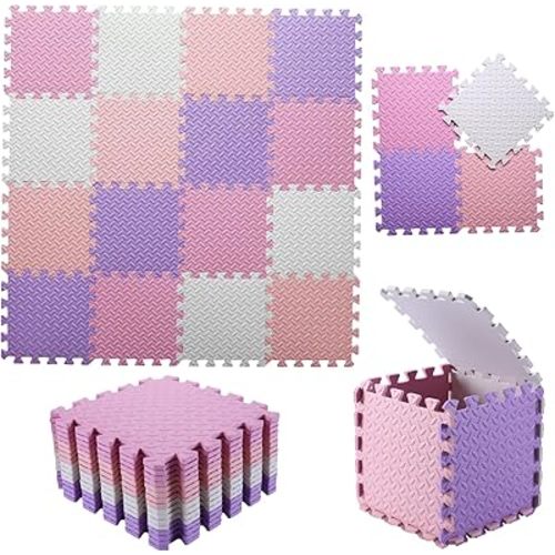 Foam Play Mat for Baby, 0.4 Inch Thick Foam Interlocking Floor Mats, Soft Non-Toxic Baby Playmat, Solid Colored Puzzle Play Mat Kids Floor Mats, 16 Tiles, White/Purple/Pink/Loli Pink