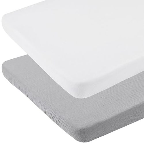 Onacosht Muslin Bassinet Sheets 33" x 19" Compatible with Mika Micky, KoolaBaby (3 in 1), BabyBond, HARPPA and RICUTON Bedside Bassinet, 2 Pack for Baby Boy and Girl, White and Grey