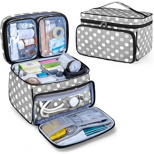 LUXJA Medicine Bag with 2 Detachable Clear Pouches, Pill Bottle Organizer with Detachable Dividers (Suitable for Home or Travel Use), Gray Dots