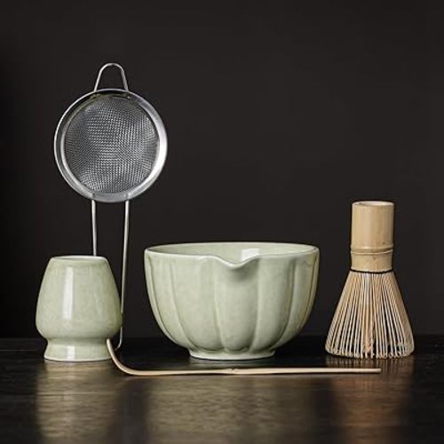 Matcha Whisk Set, Match Bowl with Spout and Whisk, Scoop, Sifter, Chasen Holder - 5 Pcs Mottled Green Perfect Making Kit for Matcha Lover and Matcha Tea Ceremony
