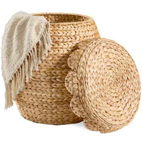 Best Choice Products Scalloped Multipurpose Hyacinth Storage Basket, Plant Décor, Handwoven Organizer Tote for Bedroom, Living Room, Nursey, w/Lid - Natural