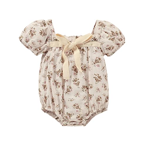 Kupretty Newborn Baby Girl Cotton Summer Clothes Vintage Floral Romper Square Neck Short Sleeve Bodysuit Jumpsuit