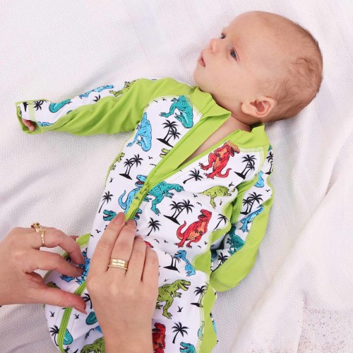 Long Sleeve Rash Guard Swim Romper Full Length | Tropical T-Rex