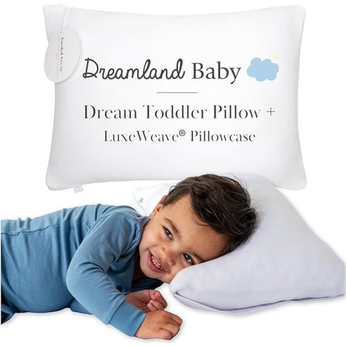 Dreamland Baby Premium Toddler Pillow and White Pillowcase, 13 x 18. Machine Washable, Ergonomic Kids Pillow + Ultra Soft Viscose Pillowcase. Mom-Owned US Business, Premium Materials