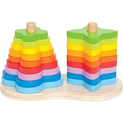 Award Winning Hape Double Rainbow Stacker Wooden Ring Set Toddler Game, L: 7.9, W: 4.1, H: 4.3 inch