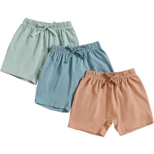3 Pack Baby Boy Shorts Solid Cotton Short with Drawstring Casual Summer Bottoms Pants