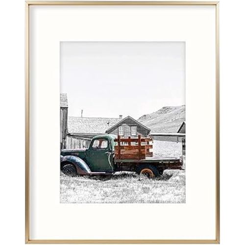 Golden State Art 16x20 Classic Satin Aluminum Photo Frame with Ivory Color Mat for 11x14 Photo, Landscape Or Portrait, Real Glass (Gold, Pack of 1)