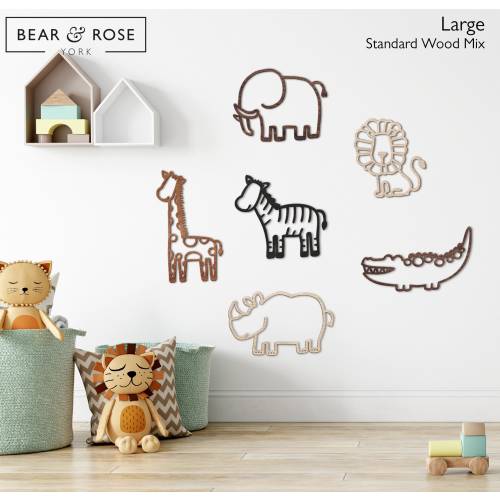 Safari Set of 6 Animals - Lion, Giraffe, Elephant, Zebra, Rhino, Crocodile | Wooden Nursery Wall Decor | Safari Animals | Scandi Baby Room