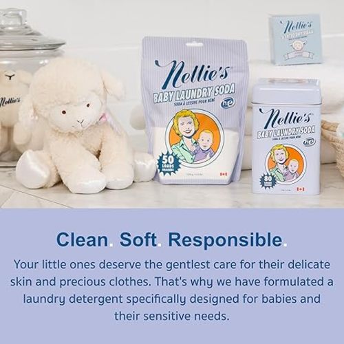 Nellie's Natural Baby Powder Laundry Detergent Tin - 50 Loads - Safe For Infants Sensitive Skin - Fragrance-Free and Hypoallergenic - (Made in Canada)