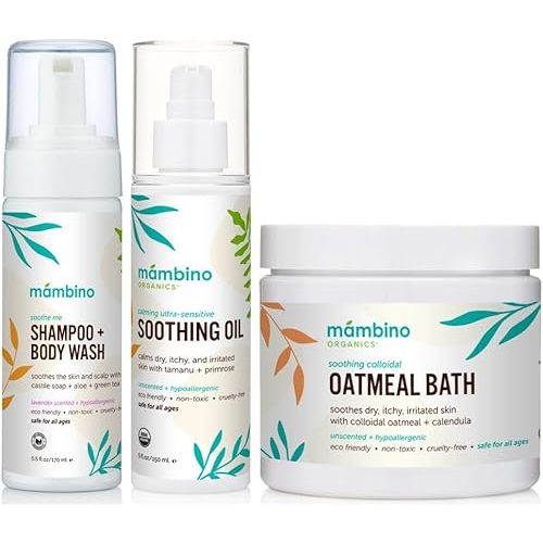 Mambino Organics Soothing Bath Set - Organic Colloidal Oatmeal Bath Soak, Soothe Me Shampoo & Body Wash, CalmingOil - Cruely-Free & Vegan Bath Products