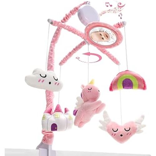 SHIDEER Crib Mobile for Girls, Crib Mobile with 36 Lullabies Musical Box, Baby Mobile for Crib with Mirror, Volume & Songs Control, Baby Mobile Hanging Rotating Crib Toys(Pink Castle&Rainbow Theme)