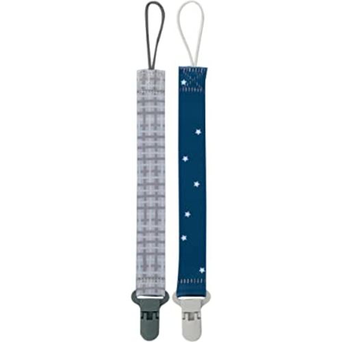 Nuby Pacifinder Pacifier Clip, 2 Pack Pacifier Holder for Boy, Gray Plaid and Blue Stars
