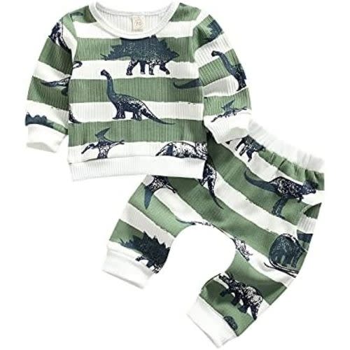 Ledy Champswiin 2pcs Winter Newborn Baby Boy Clothes Infant Dinosaur Print Outfit Ribbed Long Sleeve Tops Pants Set