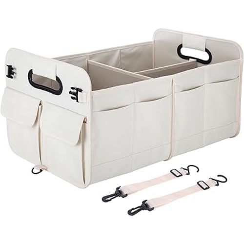 Trunk Organizer SUV, Car Organizers and Storage, NOT-FLIMSY ANTI-SLIDE 75L Spacious Collapsible Sturdy Trunk Organizer for Grocery/Car Accessories/Women Men's Gift, Beige-A