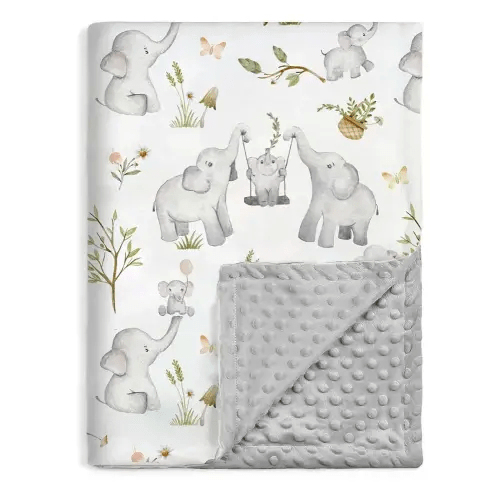 BOPRIO Baby Blankets for Unisex Boys Girls, Super Soft Nursery Minky Blankets with Baby Elephant Design and Dotted Fleece Backing, Printed Bed Throws Newborn