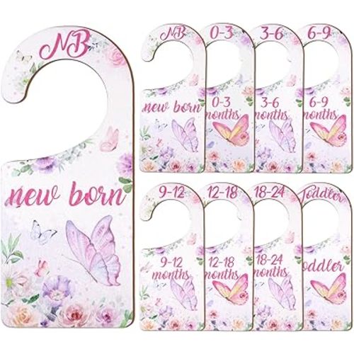 Baby Closet Dividers 8PCS, Butterfly/Floral Theme Wooden Double-Sided Clothes Size Hanger Organizer from Newborn to Toddler for Nursery Decor Baby Shower Birthday Gift