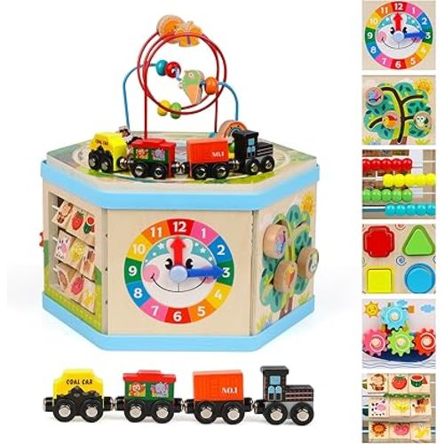 Wooden Activity Cube 9-in-1 Montessori Toys for 1+ Year Old Boys Girls Educational Learning Toys for Toddlers Age 1-2 One Year Old First Birthday Gift Bead Maze Magnetic Trains Track Shape Sorter