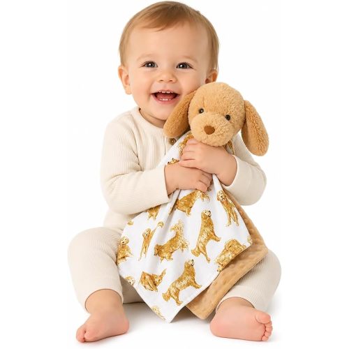 Mud Pie Golden Retriever Woobie Lovey Blanket, Plush Baby Security Blanket with Chime Rattle and Minky Lining