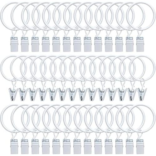 40 Pack Metal Curtain Rings with Clips,Decorative Drapery Rustproof Vintage 1.26 Inch Interior Diameter,Curtain Hangers Clips, Drapery Clips with Rings,White