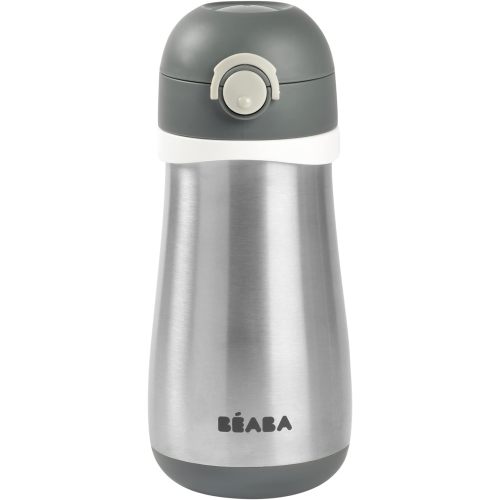 BEABA Kids Stainless Steel Water Bottle, Baby to Toddler Insulated Water bottle, Close Top On The Go Kids Water bottle, Toddler Thermos Water bottle (Charcoal)