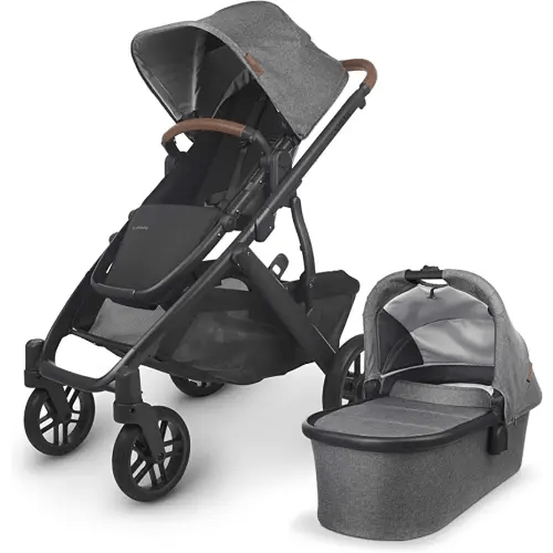 UPPAbaby Vista V2 Stroller / Convertible Single-To-Double System / Bassinet, Toddler Seat, Bug Shield, Rain Shield, and Storage Bag Included / Greyson (Charcoal Mélange/Carbon Frame/Saddle Leather)