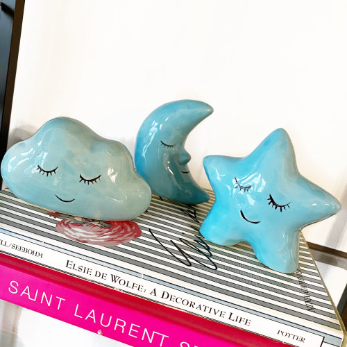 Adorable set of 3 ceramic sleeping moon, star and cloud figures/ nursery decor.