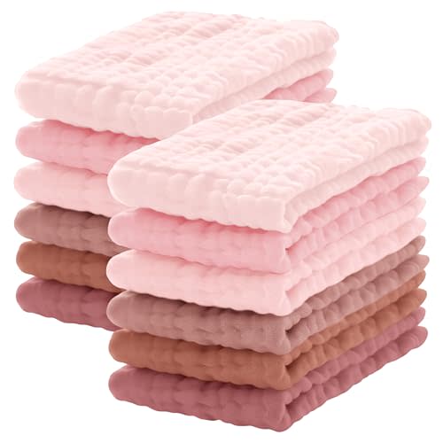 Lovely Care 12 Pack Muslin Burp Cloths 100% Cotton Muslin Cloths Large 20''x10'' Extra Soft and Absorbent Baby Burping Cloth - Blush and Terracotta