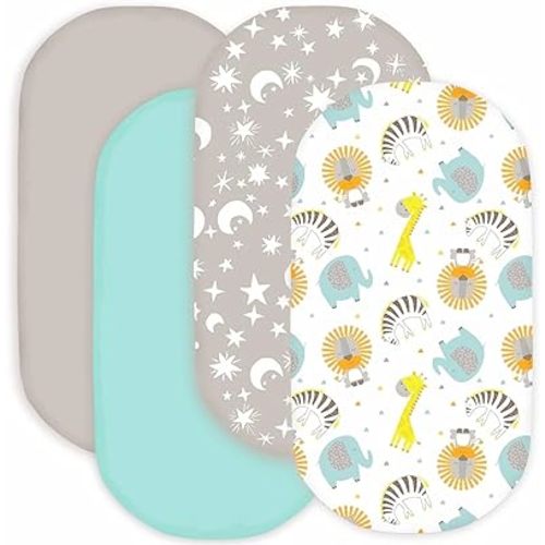 bimocosy Bassinet Sheet, 4 Pack Bassinet Sheets for Baby Boys Girls, Soft Baby Bassinet Fitted Sheets Neutral for Standard Bassinet Mattress, Size 32 x 16 x 4 Inches, Stars/Woodland Animals/Grey/Green