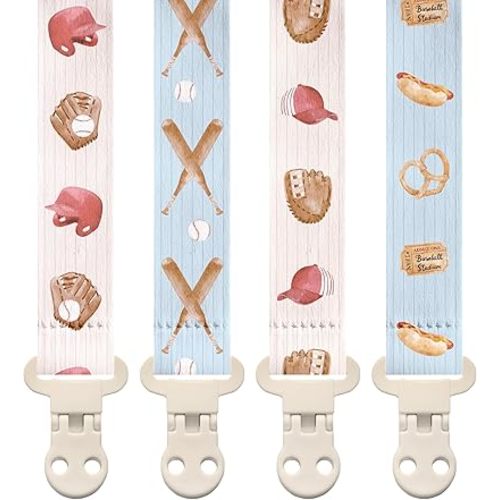 Stadela Baby Fabric Pacifier Clip Holder, Plastic Clip, 4‑Pack, Sport Pattern, Baseball Set
