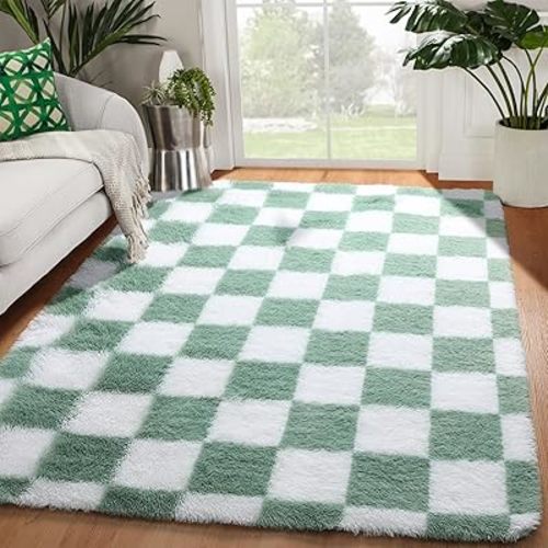 KICMOR 4x6 Rug for Bedroom Living Room, Fluffy Sage Green and White Checkered Area Rugs, Fuzzy Shag Shaggy Floor Carpet Soft Plush Checkerboard Rug for Children Kids Boys Room, Nursery, Classroom