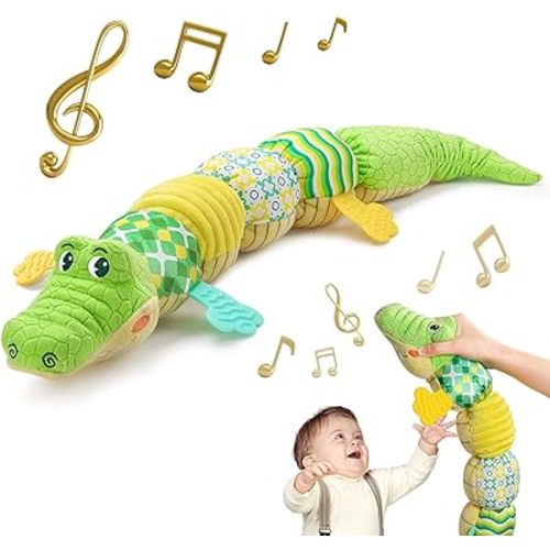 Sumobaby Baby Toys Musical Crocodile, Stuffed Animal Activity Soft Toys with Teether,Multi-Sensory Crinkle, Rattle and Textures, for Tummy Time Baby Toys 0 to 12 Months Boys, Girls, Alligator (Green)